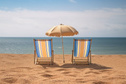 two chairs and umbrella on a beach