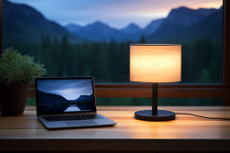 un ordinateur portable sur un bureau avec une lampe