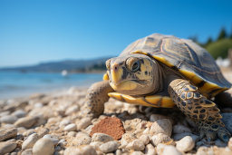 a turtle on a rocky beach