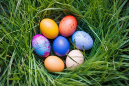 a group of colorful eggs in a nest of grass