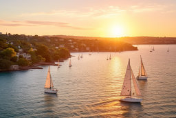 a group of sailboats on a body of water with a sunset
