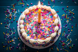 Colorful Birthday Cake with One Lit Candle