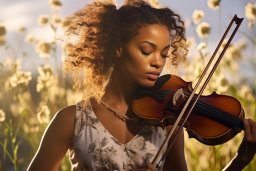 Violinist Playing in a Flower Field