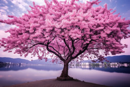 Majestic Cherry Blossom Tree by Lakeside
