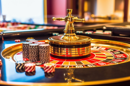a roulette wheel with chips and a gold ball on top