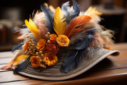 a hat with feathers and flowers
