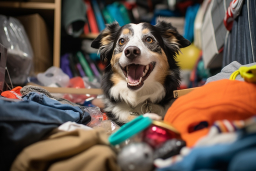 un chien allongé sur un tas de vêtements