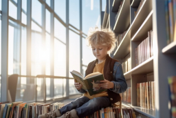 a child sitting on a shelf reading a book