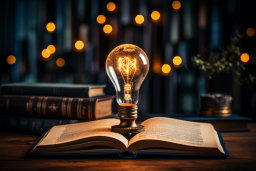 Illuminated Light Bulb on Open Book