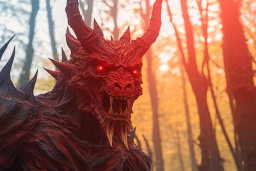 Fiery Demon in Forest at Sunset