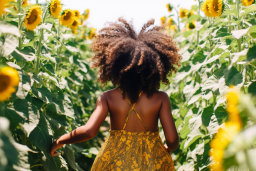 a girl in a yellow dress in a field of sunflowers