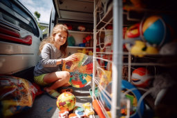 a girl sitting in the back of a van with toys