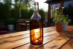 Empty Amber Glass Bottle on Wooden Table
