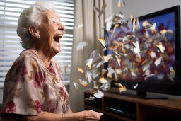 Une vieille femme riant devant une télévision