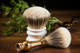 Luxury Shaving Brushes on Wooden Background