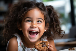 a girl holding a cookie