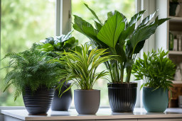 um grupo de plantas em vasos em uma janela