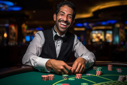 Um homem sorrindo em uma mesa de pôquer