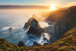 Sunset Coastline Cliffs and Ocean Mist