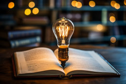 Illuminated Light Bulb over Open Book