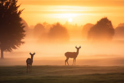 Deer at Sunrise in Misty Field