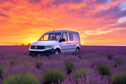 Van in Lavender Field at Sunset