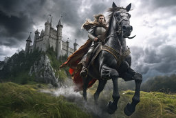 a man riding a horse with a castle in the background