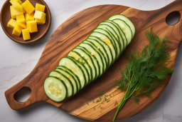 Fresh Cucumber and Dill on Wooden Board