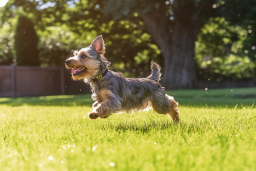 Um cachorro correndo na grama