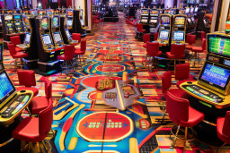 a room with colorful carpeted floor and many slot machines