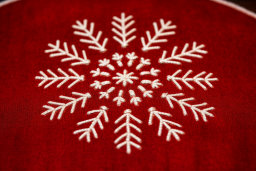 Embroidered Snowflake on Red Fabric