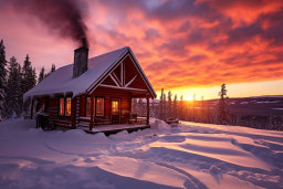 Winter Cabin at Sunset