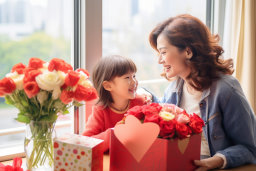 Mother and Child with Flowers and Gifts