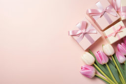 Gift Boxes and Tulips on Pink Background