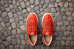 Red Shoes on Cobblestone Pavement