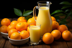 un bol d'oranges et un pichet de jus d'orange