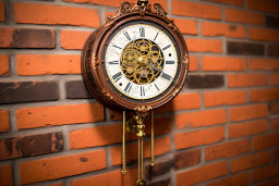Ornate Wall-Mounted Clock Against Brick Backdrop
