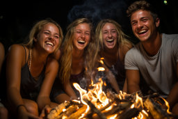 Friends Gathered Around Campfire at Night
