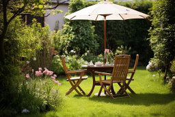 a table and chairs under an umbrella in a backyard
