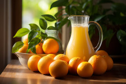 un pichet de jus d'orange à côté des oranges