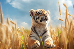 un petit tigre dans un champ de blé