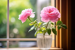 Pink Roses in Glass Vase by Window