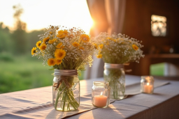 a group of flowers in mason jars