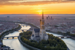 Sunset over a Cathedral and River Cityscape