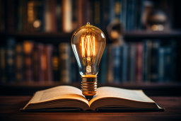 Illuminated Light Bulb on Open Book