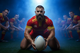 a man kneeling on the ground holding a rugby ball