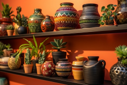 a shelf with pots and plants on it