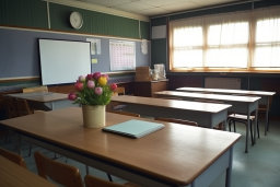 a classroom with a vase of flowers
