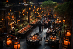 a group of people at tables with candles and lights