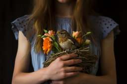 Woman Holding Bird and Nest with Flowers